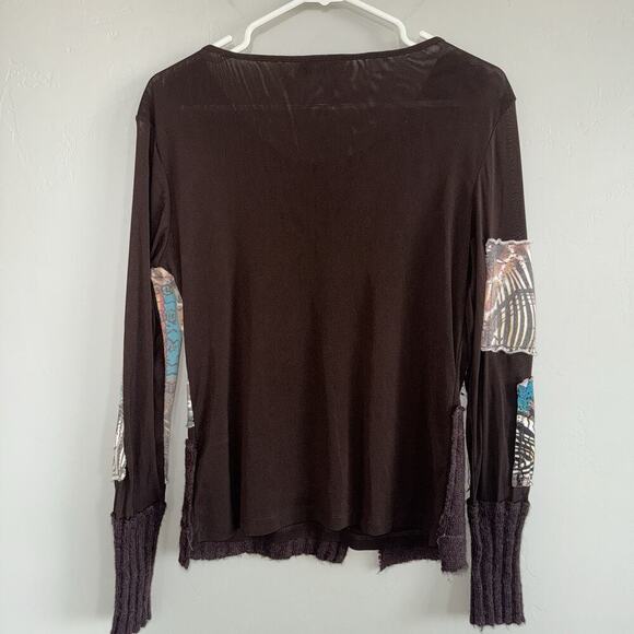 Etoile Du Monde Brown Sheer Long Sleeve Patchwork Sweater Woman Sz 3 Embellished - Picture 2 of 9